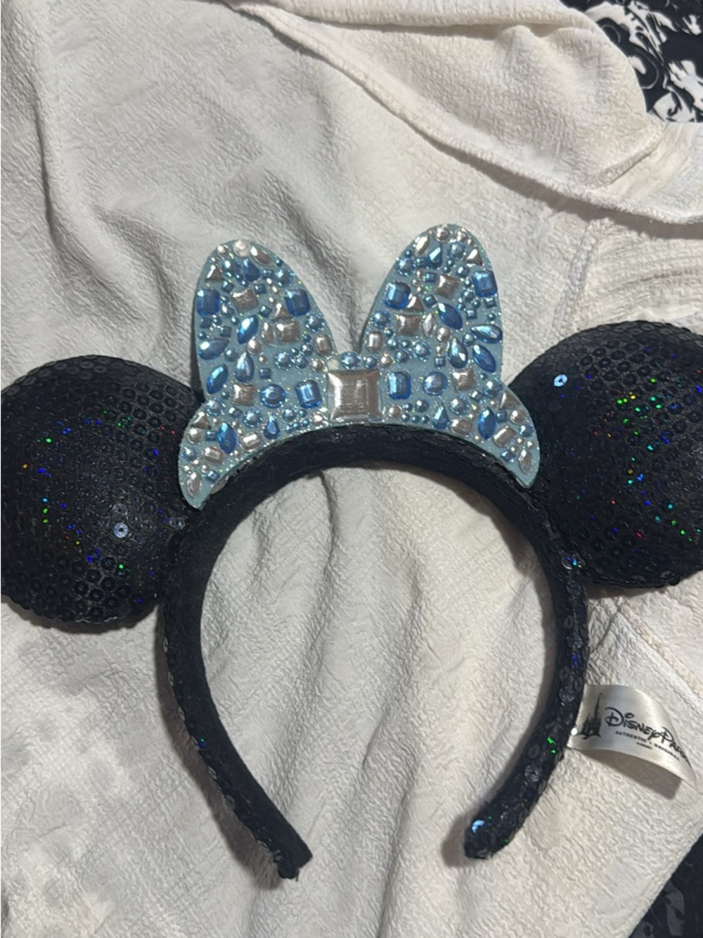 Disney parks , 60th Black Sequin Minnie Ears Headband with Blue Gem Bow
